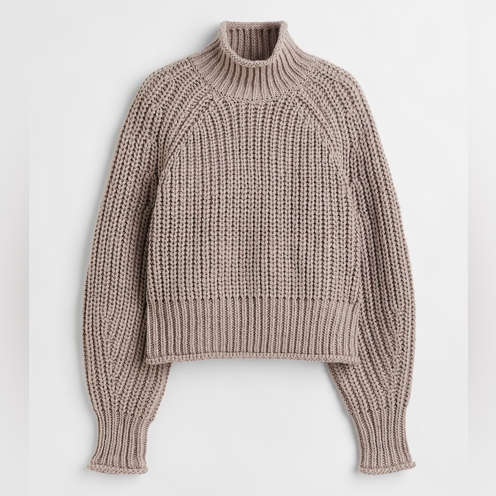 H&M NWOT Chunky Wool Blend Cable Knit Mock Neck Sweater Taupe, XS